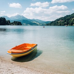 Aufkleber - A single boat sits on the lake's edge, perhaps waiting for its next adventure
