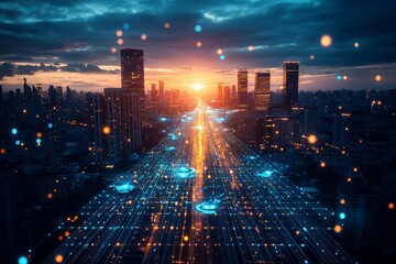 Fototapete - A dynamic digital city with a highway illuminated by streams of light and energy, symbolic of technology and modern advancement amid a vibrant cityscape at sunset.