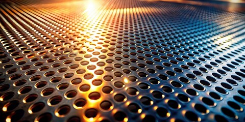 Poster - Illuminated Perforated Metal Sheet with Circular Cutouts and Warm Light Reflection