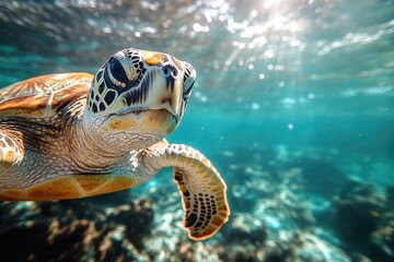 Aufkleber - A turtle swimming in the ocean with sunlight shining on it, suitable for use in environmental or marine-life related projects