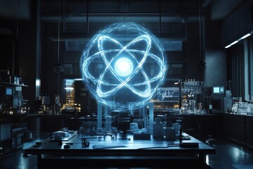 Aufkleber - A modern technological laboratory is illuminated by a swirling holographic atom, embodying scientific innovation and the potential of futuristic advancements.