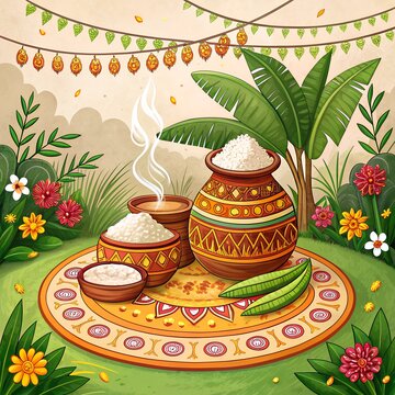 Happy Pongal Holiday Harvest Festival of Tamil Nadu South India
