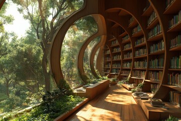 Poster - A serene and spacious library with large circular windows, incorporating natural elements and filled with plants, blends nature with reading leisure and tranquility.
