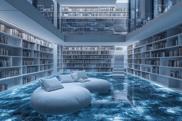 Aufkleber - A contemporary library featuring sleek, modern architecture with expansive bookshelves and comfortable seating, creating a serene reading atmosphere.