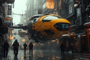 Poster - A massive futuristic airship flies through a rain-soaked city street, illuminated by neon lights, embodying a blend of high-tech aesthetics and urban grittiness.