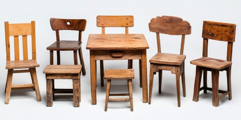 Wall Mural - A rustic collection of assorted wooden chairs and a table arranged in a row featuring various shades of brown on a light background