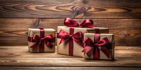 Wall Mural - Three Wrapped Gifts with Burgundy Ribbons on Wooden Surface