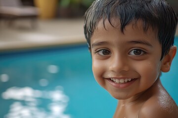 Poster - A young boy standing by the edge of a swimming pool, ready to take the plunge