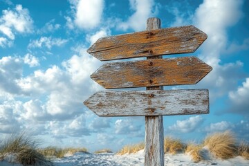 Poster - A wooden sign with arrows pointing in opposite directions on a sandy beach