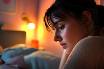 Poster - A person sits on a bed holding a cell phone, possibly reading or scrolling through it