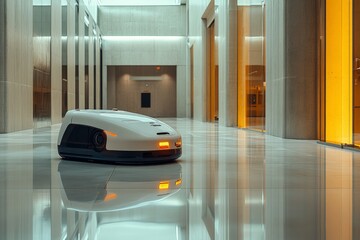 Aufkleber - An autonomous robot glides through a modern hallway, illuminated by bright lights, highlighting the blend of innovation and functional design in a sleek environment.