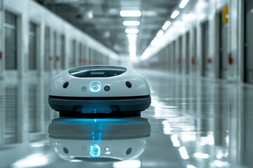Aufkleber - A robotic cleaner navigates a futuristic corridor, showcasing advanced technology amidst reflective flooring and bright overhead lighting accents.