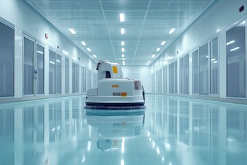Aufkleber - A robotic cleaner glides through a high-tech corridor, characterized by bright lighting and an environment that merges futuristic design with advanced automation.