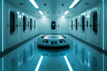 Aufkleber - A futuristic cleaning robot positions within a high-tech facility corridor, capturing a scene of advanced automation and reflective surfaces amidst ambient lighting.