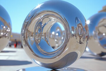 Poster - Chrome spheres gleam under bright sunlight, creating reflections and distorting reality. An art piece exploring reflection, abstraction, and futuristic aesthetics.