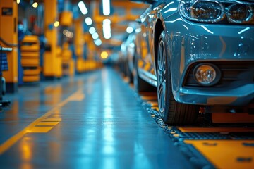 Poster - A car is parked on an assembly line, ready for production and testing