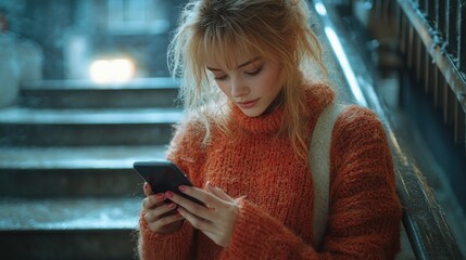 Poster - A woman looks down at her cell phone on the go