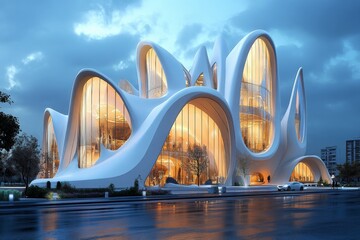 Poster - An innovative architectural marvel features flowing, glowing curves and a luminous interior, combining modern technology with dynamic, organic forms in an urban area.