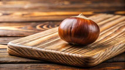 Poster - A single chestnut rests on a rustic wooden cutting board