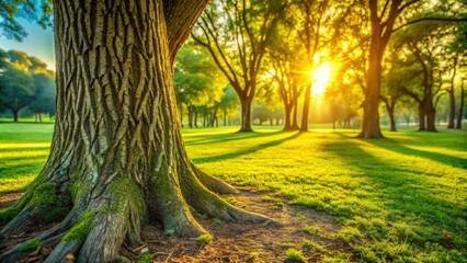 Poster - Golden Hour Serenity Majestic Tree Roots in a Sunlit Meadow