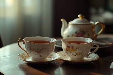 Poster - Two ceramic tea cups sit on a wooden table with a rustic background