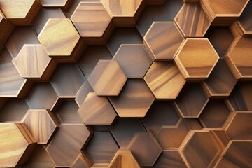 Poster - Showcasing layered wooden hexagonal tiles, this image captures the interplay of shadows and light across wooden surfaces, enhancing texture and dimensions.