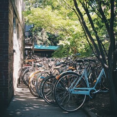 Poster - Row of bicycles parked next to a modern building