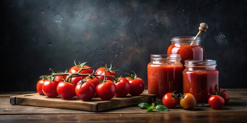 Poster - Homemade Tomato Sauce in Glass Jars with Fresh Tomatoes