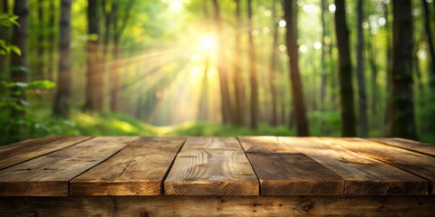 Poster - Rustic Wooden Tabletop with a Sunlit Forest Background Perfect for Product Displays
