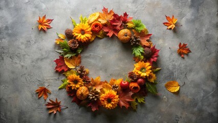 Poster - Autumnal Wreath of Flowers, Leaves, and Mini Pumpkins on a Textured Surface