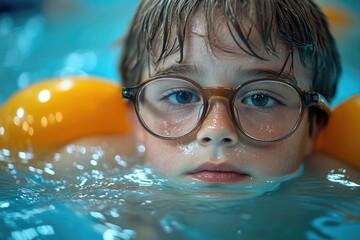 Poster - A young boy wearing glasses swimming in an indoor pool, great for family or kids-related projects