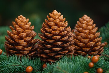 Poster - A group of pine cones sit atop a pine tree, ready to fall or disperse their seeds