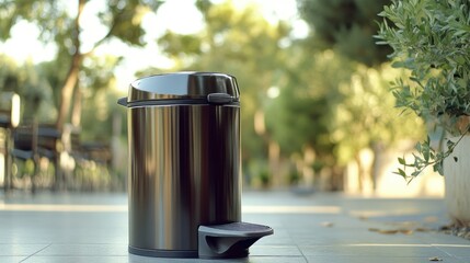 Aufkleber - A trash can sitting beside a tree in an outdoor setting