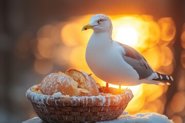 Poster - A seagull sits atop a basket filled with food, perfect for use in images related to wildlife or outdoor scenes