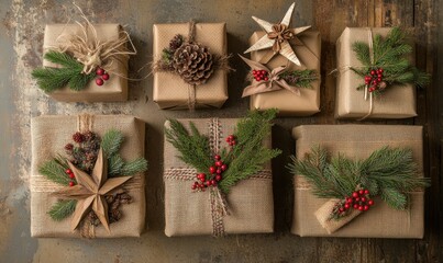 Sticker - A top view of rustic Christmas gifts wrapped in burlap with pine branches, wooden star, and festive decorations, capturing a natural holiday theme