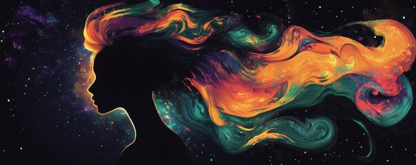 Wall Mural - surreal artistic representation of a woman s silhouette with vibrant, swirling colorful hair set against a dark background, showcasing a cosmic and dreamlike theme
