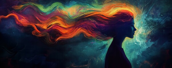 Wall Mural - surreal artistic representation of a woman s silhouette with vibrant, swirling colorful hair set against a dark background, showcasing a cosmic and dreamlike theme