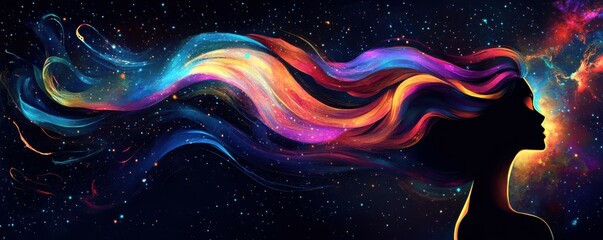 Wall Mural - surreal artistic representation of a woman s silhouette with vibrant, swirling colorful hair set against a dark background, showcasing a cosmic and dreamlike theme