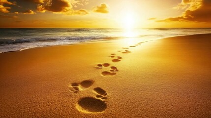 Wall Mural - Tranquil Sunrise over the Ocean with Footprints in the Sand, Symbolizing Journey and Reflection on a Beautiful Serene Beach Landscape