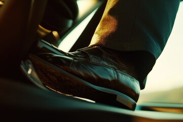 Poster - A close-up view of a person's shoes inside a car, possibly with an interesting interior design
