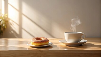 Aufkleber - A delightful morning treat warm beverage and a sweet pastry on a sunlit table