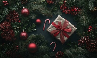 Sticker - A top-down view of festive Christmas decorations featuring a wrapped gift, pine branches, red ornaments, and candy canes on a dark background creating a cheerful holiday atmosphere