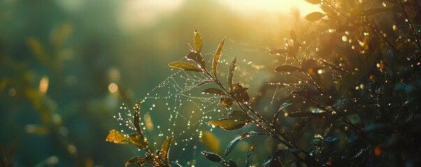 Wall Mural - A close-up of dew droplets on a spiderweb glistening in the morning light, 4k photo.