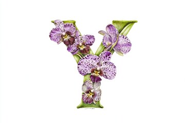 Aufkleber - Purple flowers adorn the curves of a hand-drawn letter V in this whimsical watercolor piece