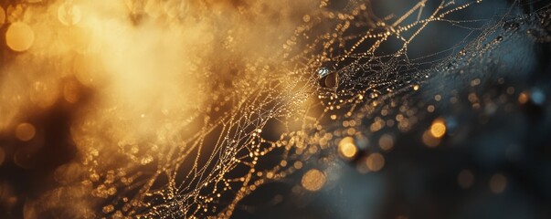 Wall Mural - A close-up of dew droplets on a spiderweb glistening in the morning light, 4k photo.