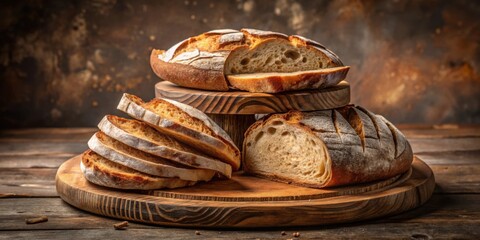 Wall Mural - Artisan Bread Display Rustic Wooden Boards, Sliced Loaves, and Crusty Texture