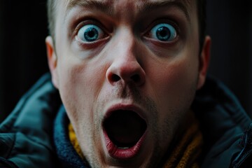 Poster - A close-up shot of a person's face with their mouth open, potentially in shock or surprise
