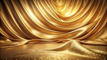 Poster - Luxurious Golden Silk Drapery with Glittering Floor for Elegant Product Presentation