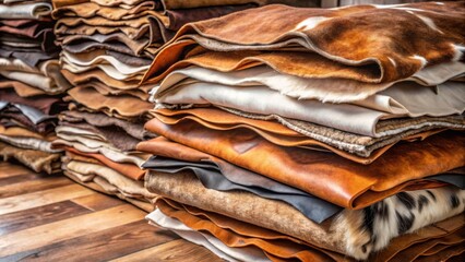 Poster - Stacks of Natural Leather Hides in Various Colors and Textures