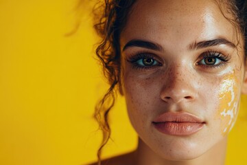 Poster - A close-up shot of a woman's face with yellow face paint, suitable for creative projects and artistic expressions